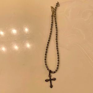 Sparkly black cross on silver beaded chain